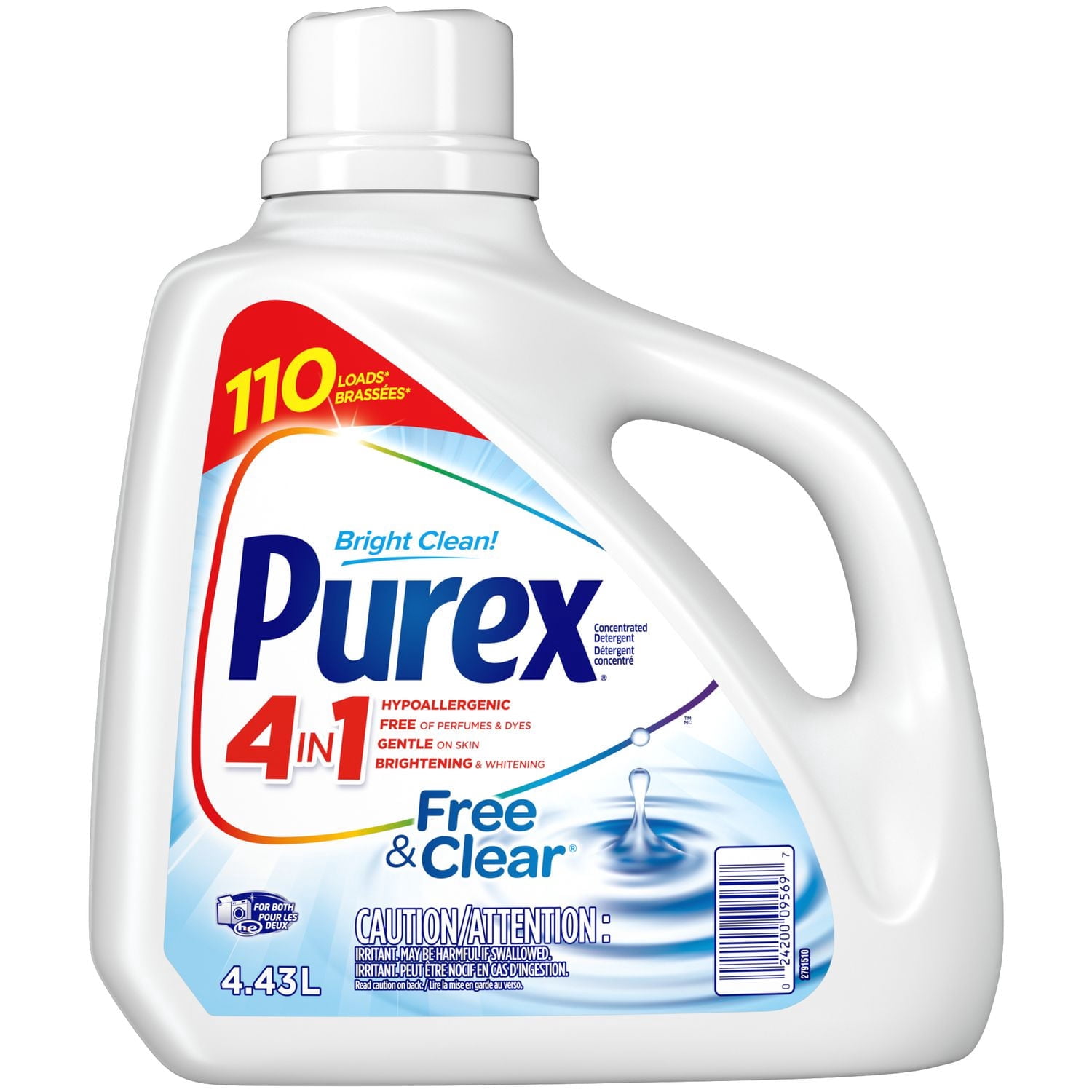 Purex 4 in 1 Hypoallergenic Concentrated Liquid Laundry Detergent, Free & Clear, 4.43 Litres, 110 Wash Loads