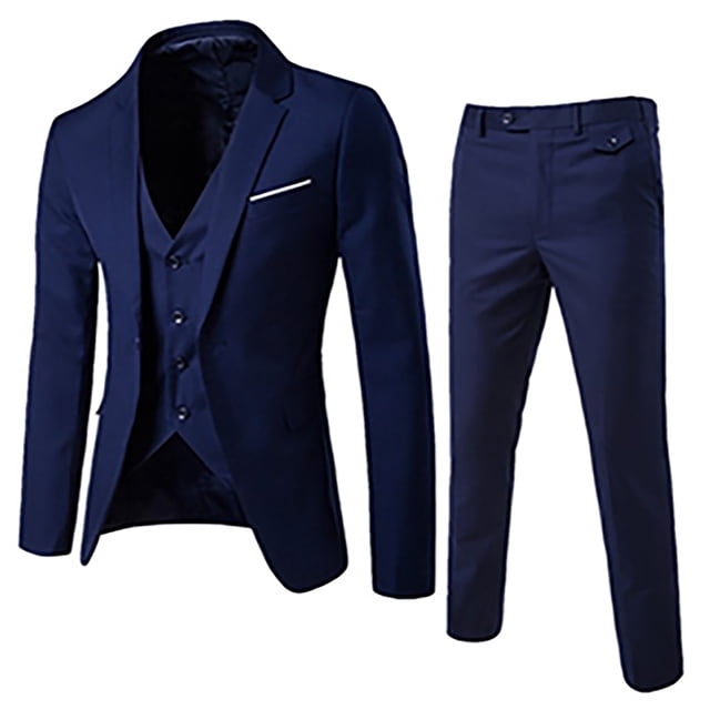 CEHVOM Complet de Mode pour Homme Veste + Gilet + Pantalon de Complet Ensemble Trois Pièces de Couleur Bleu Marine Foncé. l'Ensemble Comprend une Veste Ajustée avec Revers Cranté, un Gilet Assorti avec Fermeture à Boutons et un Pantalon Ajusté avec Boucles de Ceinture et Taille Boutonnée. Fabriqué en polyester, Ce Complet Est Conçu pour un Port en Toute Saison et Offre un Style Élégant et Professionnel. Convient aux occasions Formelles Ou aux Milieux d'Affaires.
