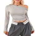 thumbnail image 1 of Women Solid Color Crop Tops Oblique Shoulder Long Sleeve T-Shirts, 1 of 9