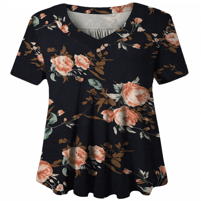 Woman Plus Size Short Sleeve Floral Blouses Henley T-Shirts V Neck Button Tunic Tops M-4xl
