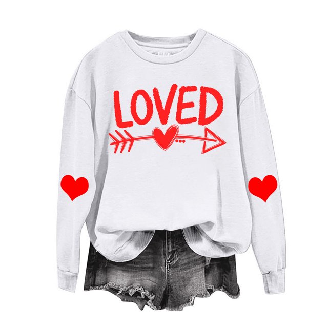 RKSTN Sweat-Shirt pour Femmes 2024 Saint-Valentin Imprimé Cœur Couleur Unie Col Rond Manches Longues Coupe Ample Blouse Tops