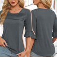 thumbnail image 2 of Plebaso Hauts d'Été pour Femmes à Volants Manches 3/4 Col Rond Chemises Plissées Décontractées Amples Tuniques Blouses, 2 of 6