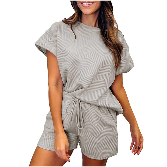 Mikilon Ensemble de Sport Confortable pour Femmes Couleur Unie Nouvelle Mode Décontractée Haut à Manches Longues et Short Ensemble de Haut/chemise à Col Rond Gris L