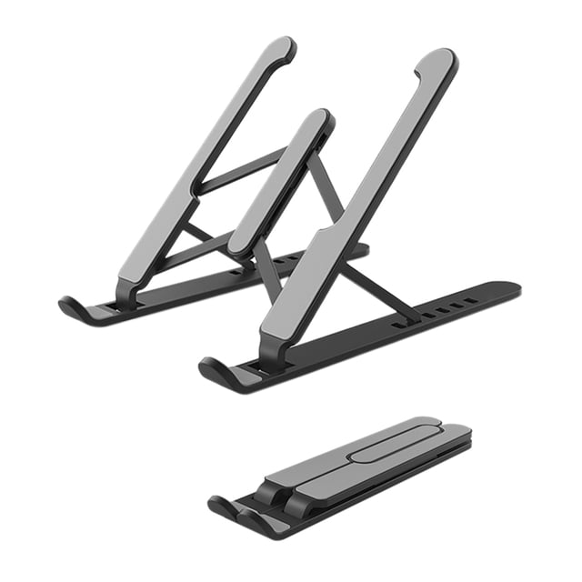 Amdohai Support d'Ordinateur Portable Pliable Antidérapant, Support Surélevé en Alliage d'Aluminium et Matériau ABS, Illustré en Noir. Doté d'Une Conception Réglable à 6 Niveaux pour une correction Ergonomique de la posture, Réduisant la Tension au Cou et au Dos. Comprend des Coussinets en silicone Antidérapants pour la Stabilité et une structure Ajourée pour la dissipation de la Chaleur. dimensions Pliées Sont 260 x 60 mm, et la Hauteur d'Ouverture Varie de 120 mm à 160 mm. Convient aux Ordinateurs Portables jusqu'à 20 kg.