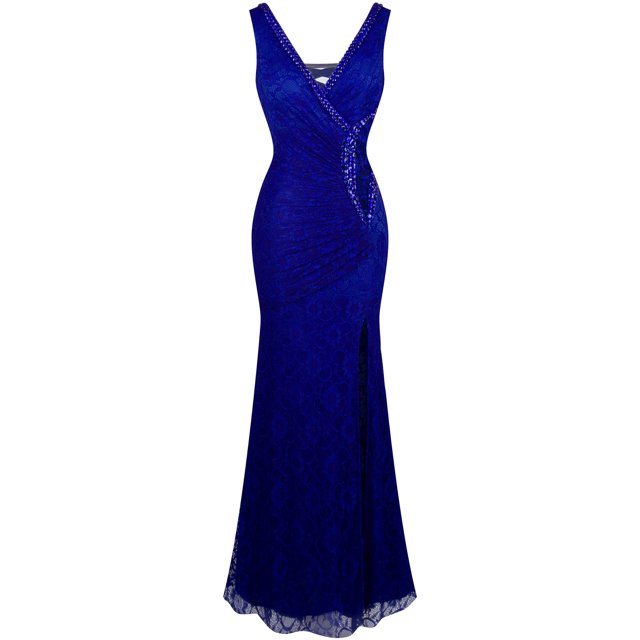 Angel-fashions Women's V Neck Lace Split Ruffled Beading Sheath Wedding Dress