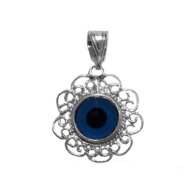 Sterling Silver Filigree Double Sided Evil Eye Pendant Charm, 16"