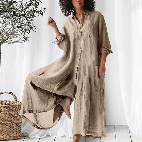 Wiyuqeen One Piece Jumpsuits for Women Cotton Linen Button Down Long Sleeve Wide Leg Jumpsuits Plus Size Solid Casual Beach Palazzo Jumpers