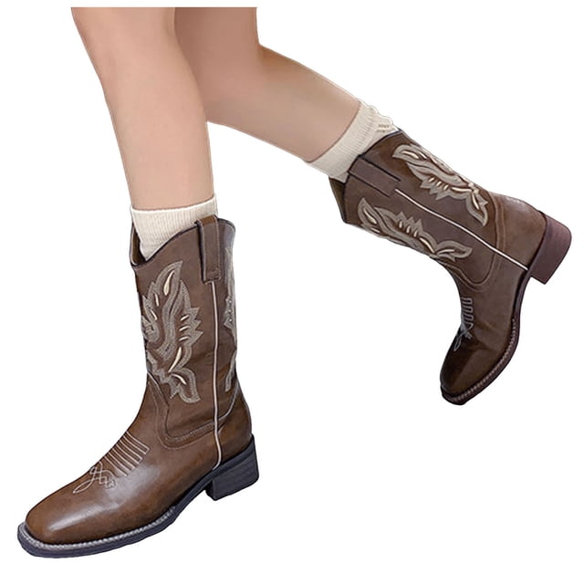 Womens Embroidered Cowboy Riding Boots Classic Leather Square Toe Wide Mid Calf Pull on Cowgirl Booties