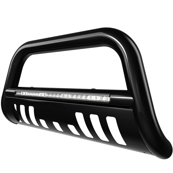 YITAMOTOR Bull Bar Compatible for 2007-2021 Toyota Tundra/2008-2022 Sequoia w/LED Light, 3" Stainless Steel Black Tubing Brush Push Bar Front Bumper Grille Guard Include Skid Plate