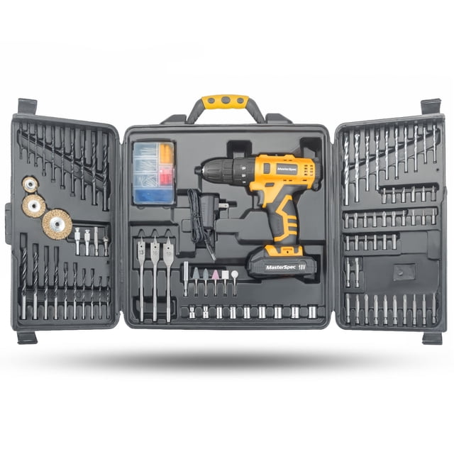 MasterSpec 92-Piece Power Tool Kit featuring an 18V cordless hammer drill with a keyless chuck, torque settings, and hammer function. The set includes a variety of drill bits, screw flap bits, sockets, and drivers, all neatly organized in a durable carrying case. Ideal for DIY projects, household repairs, and light masonry work.