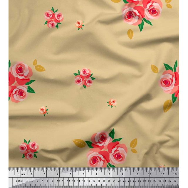 Soimoi polyester Crepe Fabric Leaves & Rose Flower Fabric Prints By Yard 42 Inch Wide