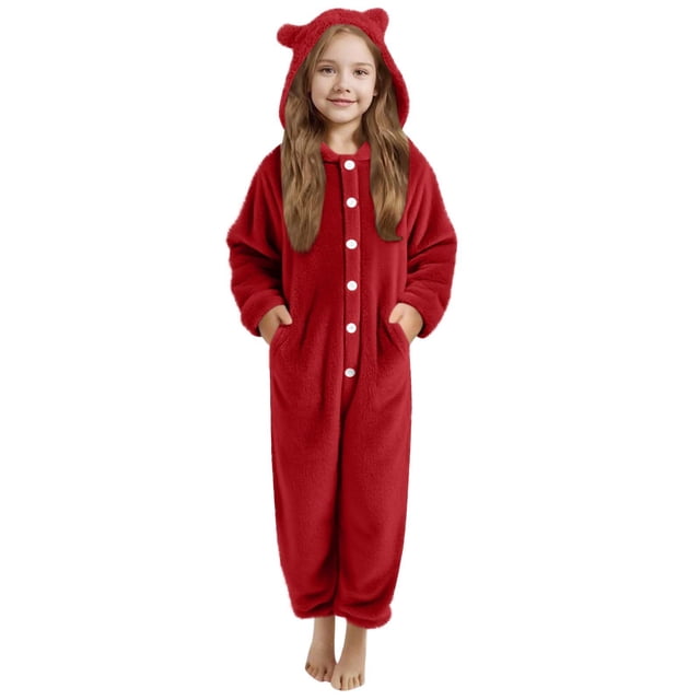 Pyjama d'Hiver pour Filles Combinaison à Capuche à Manches Longues pour Filles Pyjama Uni pour Chaleur Hivernale Décontractée Combinaison à Manches Longues
