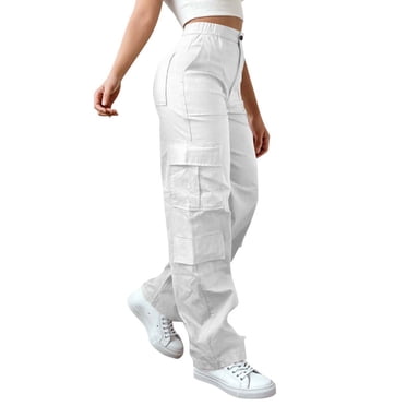 Ohufall Womens Cargo Pants Straight Leg Stretch Hiking Cargo Pant Trousers Button Elastic Waist Work Wear Cargo Pants