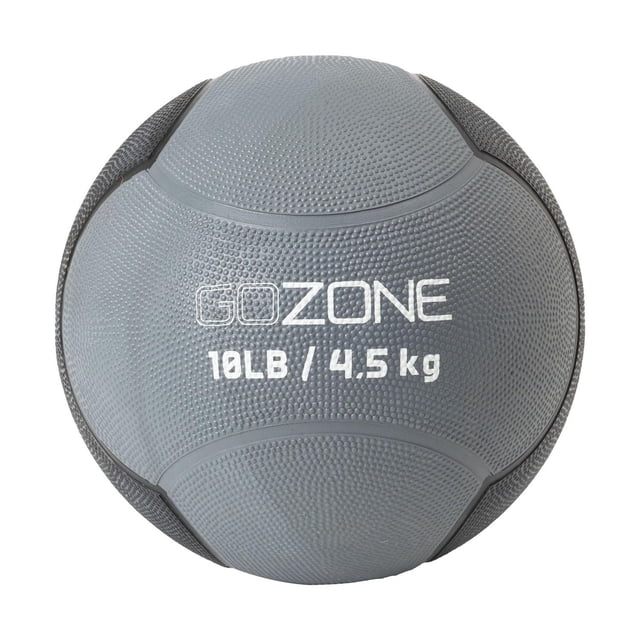 GoZone Medicine Ball weighing 10 lb (4.5 kg) with a textured grey and black rubber surface for superior grip, precision-balanced for functional strength and muscle toning, shown in a centered top-down view on a white background.