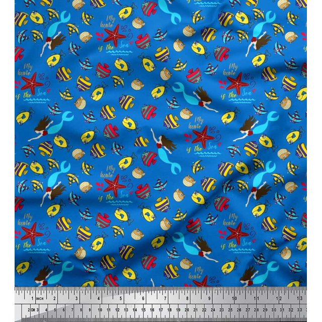 Soimoi Modal Satin Fabric Fish,Mermaid & Starfish Ocean Printed Craft Fabric by The Yard 42 Inch Wide