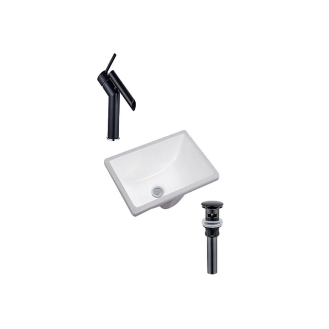 DROP Bath and Kitchen DR091137 Ensemble d'Évier de Salle de Bain Encastré avec un Évier Rectangulaire en Céramique Blanc avec une Finition Lustrée, Robinet à un Seul Trou Noir et drain Noir avec Débordement, Conçu pour une installation Encastrée dans des Rénovations de Salle de Bain.