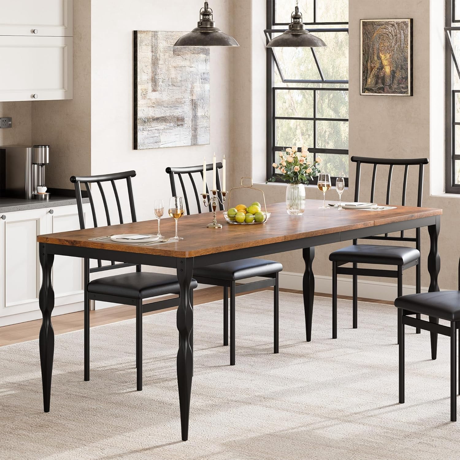 71" Dining Table for 4-8, Farmhouse Rectangular dinner Table with Sturdy Metal Legs Scratch Water Resistant 30mm Thick Tabletop, Rustic Kitchen Dining Room Table (Only Table), Retro Black