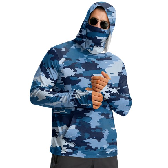 Domuza Hooded Sun Shirts for Men UPF 50+ Fishing Blouses Long Sleeve UV Rash Guard Cooling Lightweight Hoodies with Mask Royal Blue 3XL