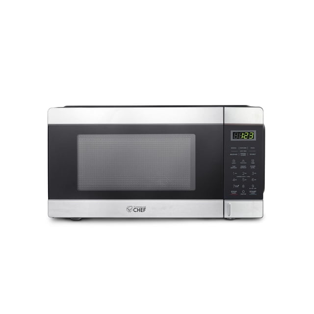 1.1 Cu Ft Microwave with 10 Power Levels, stainless steel front and black cabinet countertop microwave oven with digital LED timer, push button controls, and Commercial Chef logo, ideal for quick heating, defrosting, and reheating meals in kitchens, apartments, and dorms.