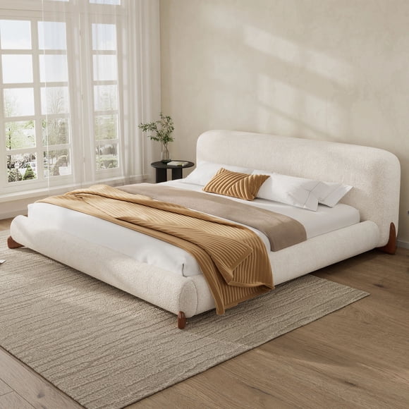 MODERNLUXE California King Boucle Upholstered Platform Bed, Low Profile Modern Minimalist Bed Frame with Thick Curved Headboard & Wood Legs for Teens Adults,Cream White