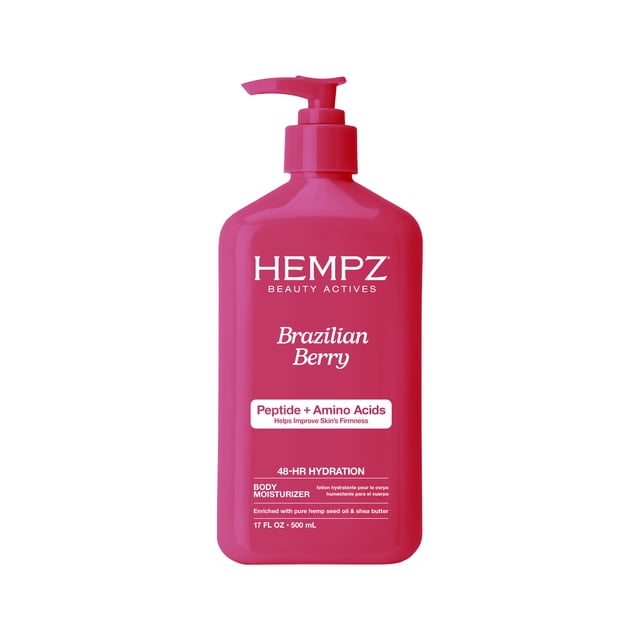 HEMPZ Body Moisturizer Brazilian Berry in a 17 FL OZ (500 mL) pink pump bottle, enriched with peptides, amino acids, pure hemp seed oil, and shea butter for 48-hour hydration and improved skin firmness, ideal for daily body care hydration.