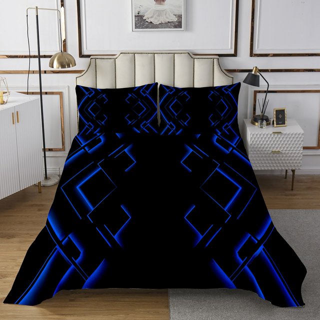 Erosebridal Modern Geometric Coverlet Set Queen, Blue Bedding Set, Futuristic Abstract Decor, 3pcs