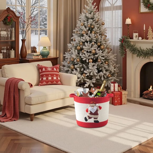 White Cotton Woven Storage Basket with Handles Christmas Reindeer Decorative Gift Organizer for Home,Closet,Bathroom,Kitchen 10.6x11.8 Inch Portable Toy,Blanket,Magazine Bin