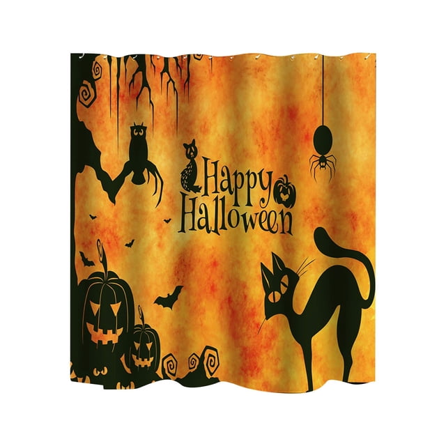 TopLLC Halloween Themed Digital Printed Shower Curtain, Bathroom Curtain featuring a vibrant orange and black Halloween design with silhouettes of a black cat, pumpkins, bats, an owl, and a spider. The text 'Happy Halloween' is prominently displayed in a spooky font. Made of durable polyester fabric, it measures 180x150 cm (59x71 inches) and includes metal grommets for easy installation. Suitable for bathrooms, dorms, or as a festive room partition.