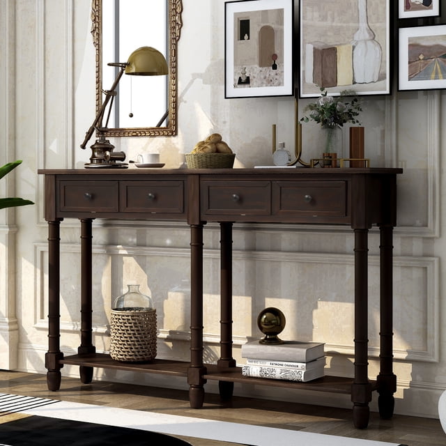 Newest Console Table Sofa Table Easy Assembly with Two Storage Drawers and Bottom Shelf for Living Room, Entryway (Espresso)
