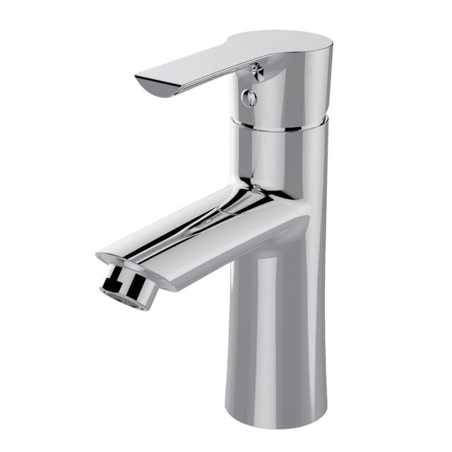 The akuaplus® round Single-Hole Lavatory Faucet in polished chrome with brass body, single lever handle, ceramic cartridge, and NEOPERL aerator, includes water supply tubes; drain and 4-inch centre plate sold separately, ideal for bathroom sink installation.