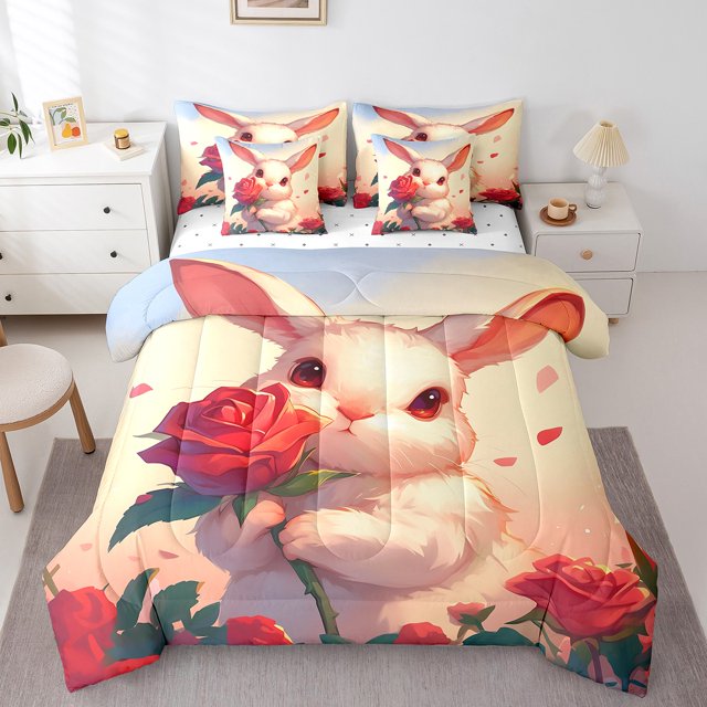 Ensemble Douillette Très Grand « Bed in a Bag » 7 Pièces pour Lit avec Motif de Lapin, Ensembles de Literie Roses Rouges Romantiques, Ensembles de Douillette à Fleurs, Ensemble de Draps Kawaii Animaux Sauvages avec Douillette