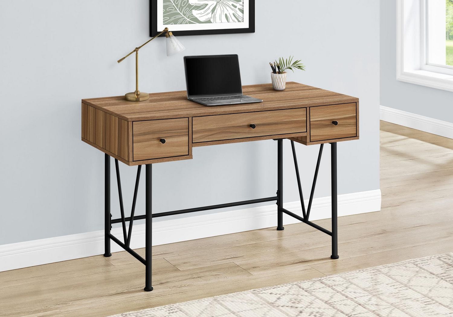 Monarch Specialties Computer Desk, Home Office, Laptop, Storage Drawers, 48"l, Work, Metal, Laminate, Brown, Black, Transitional