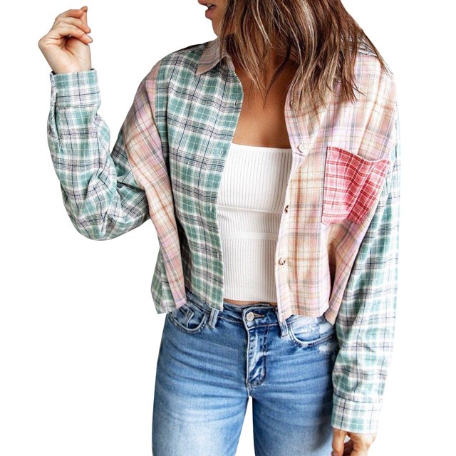CEHVOM Chemise Courte à Carreaux pour Femmes, Manches Longues, Col à Revers, Liquidation