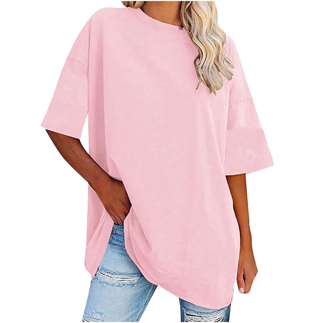 Plebaso T-Shirts Surdimensionnés pour Femmes 2025 Manches Courtes Hauts Amples Col Rond Décontracté Uni T-Shirts Basiques pour Femmes