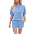 thumbnail image 2 of Sales Today Clearance Iumwxz Ribbed Matching Sets with Pockets Plus Size Summer Outfits Solid Round Neck Short Sleeve Drawstring Shorts 2 Piece Sets for Women Valentines Day, 2 of 7