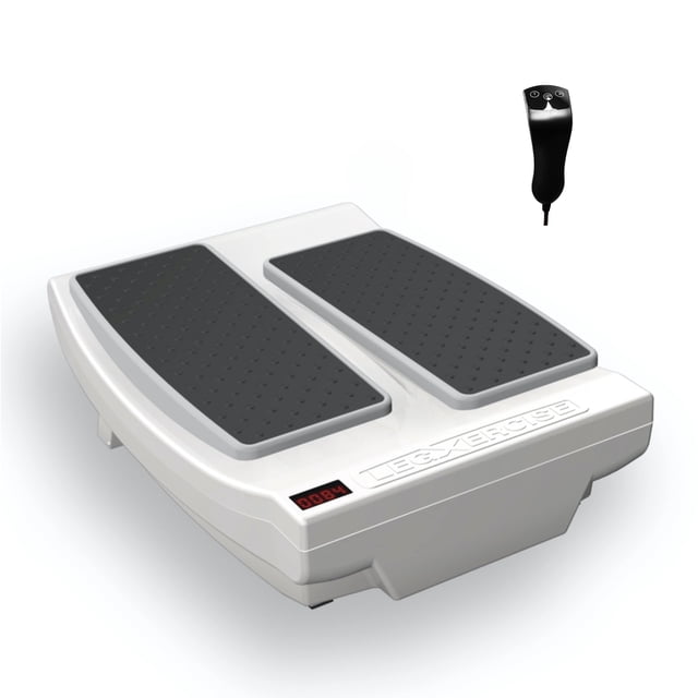 LegXercise PRO Déplaceur Automatique de Jambes et Stimulateur de circulation avec une base Blanche avec Deux Patins Noirs Texturés et un Affichage Numérique. Comprend une Télécommande Portative pour une Utilisation Facile. Conçu pour Favoriser une circulation Saine et Apaiser la Douleur aux Jambes Grâce à un Mouvement Continu, Simulant une Marche de 1,7 Mile en Position Assise.