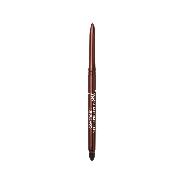 COVERGIRL Perfect Point Plus Ink Gel Eye Pencil in deep brown with a retractable gel tip and built-in smudger, featuring a long-wearing, pigmented, vegan formula designed for precise, smudge-proof application.