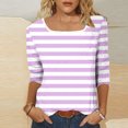 thumbnail image 4 of breaise Chemises à Manches 3/4 pour Femmes, Automne, Rayées, Col Ras du Cou, Hauts Habillés Décontractés, Amples, Blouses de Travail Trois Quarts, Violet, 4TG, 4 of 7