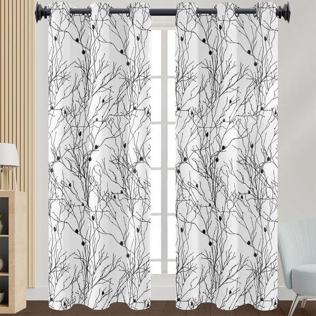 Fashnice Rideau Floral à Panneaux Occultant Moderne pour Fenêtre avec Oeillets, Mesure L:52 Pouces x H:63 Pouces. le Rideau Présente un Motif de Branches Florales Noir et Blanc sur un Tissu polyester Semi-Ombrant, Offrant un Blocage de Lumière de 40 % à 70 %. Il Est Exposé dans un Cadre Intérieur Moderne avec une Tringle Murale. Convient aux Salons, Chambres Ou Coins Repas.