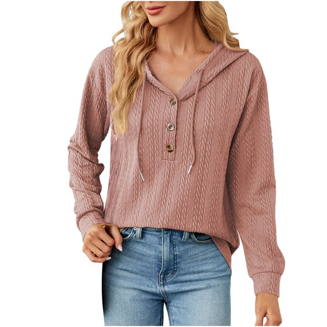 Yuyuzo Womens Fall Sweatshirts Drawstring V Neck Buttons Long Sleeve Textured Knit Pullover Tops