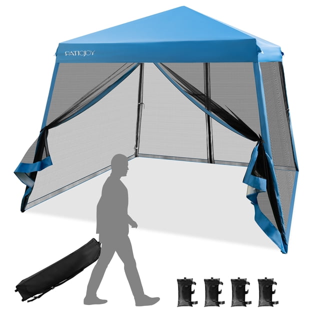 Auvent Instantané 10x10 Pi pour Patio Extérieur, Pattes Inclinées, Tente en Maille Pliable, Bleu.