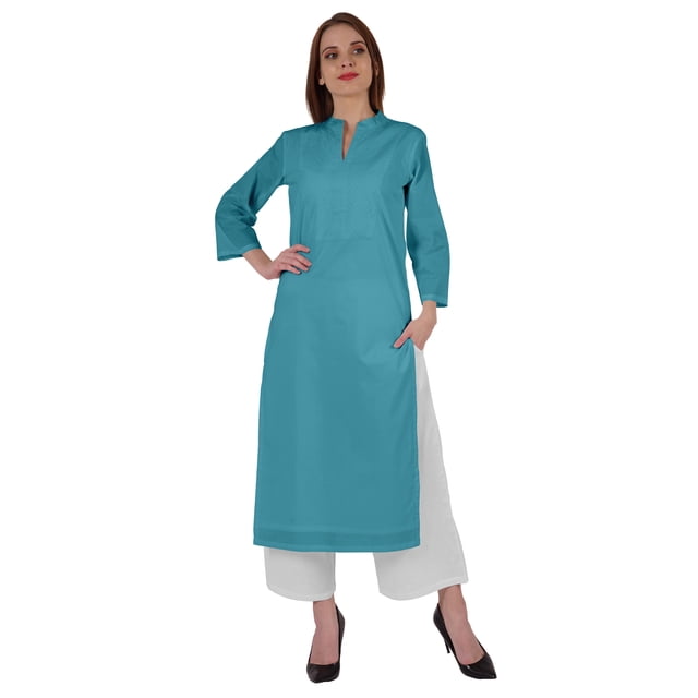 Bimba Kurta en Coton Col Mandarin avec Plis pour Femmes Ethnique Indienne Droite Unie