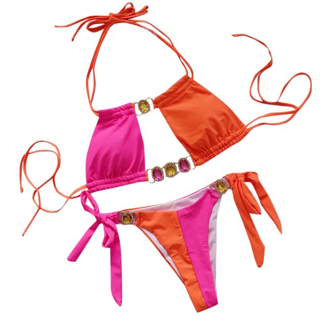 Jamicy Womens Bathing Suits 2 Piece Hot Spring Wear Women's Color-Coded Halter Swimsuit Crystal Side Lace-Up Two-Piece Bikini