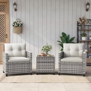 Outdoor Wicker Chairs,3 Pieces Patio Furniture Set,All Weather High Back Rattan Chairs w/Washable Cushion and Tempered Glass Tabletop for Deck Porch Balcony Backyard Garden