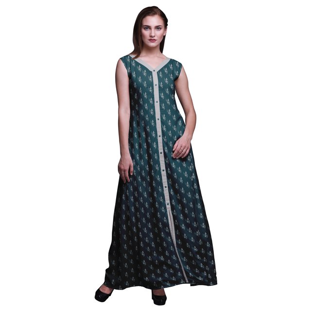 Bimba Feuilles Femmes Col en V Sans Manches Fente avant Décontractée Maxi Imprimée Robe Bohème-Grand