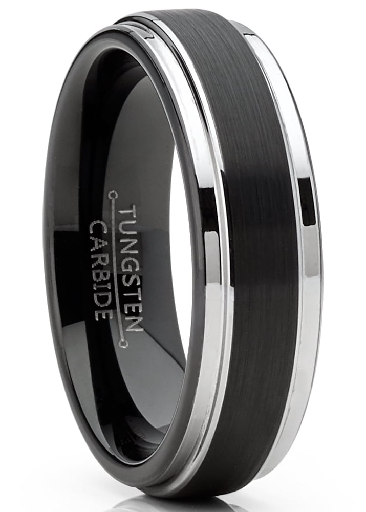 Mens Tungsten Wedding Band Black Ring Silvertone Comfort-Fit 6MM