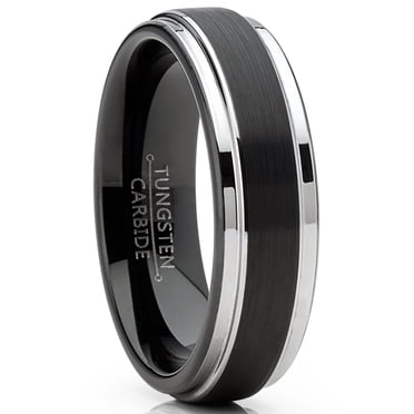 Mens Tungsten Wedding Band Black Ring Silvertone Comfort-Fit 6MM