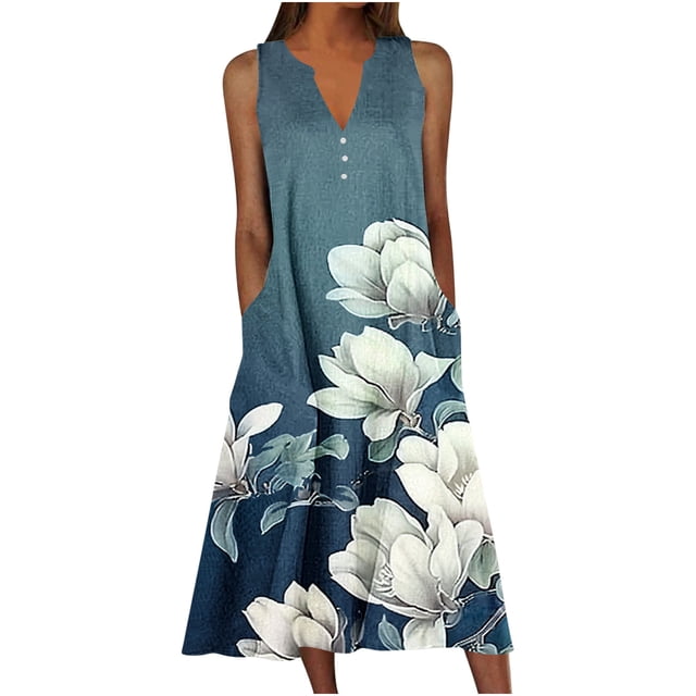 Ovzne Robes d'Été pour Femmes 2025 Robe Robe d'Été Décontractée pour Femmes Dégradé Sans Manches Col en V Longue Robe Grande Taille Robe Maxi Liquidation