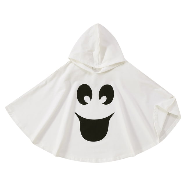 Cloak Robe à Capuche pour Filles, Déguisement de Fête Chic pour Enfants avec une cape Blanche à Capuche et un Imprimé Ludique de Visage de Fantôme Noir à l'Avant. Fabriquée en Tissu Doux pour le Confort, Idéale pour les Fêtes d'Halloween, la Collecte de Bonbons Ou les occasions de Déguisement. un Accessoire de costume d'Halloween Polyvalent Conçu pour les Tout-Petits et les Jeunes Enfants, Offert en Plusieurs Tailles.