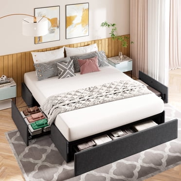 Amolife Cadre de Lit Grand avec Rangement avec 3 Tiroirs, Lit Plateforme Rembourré, Lattes de Bois, Aucun Sommier Requis, Gris Foncé